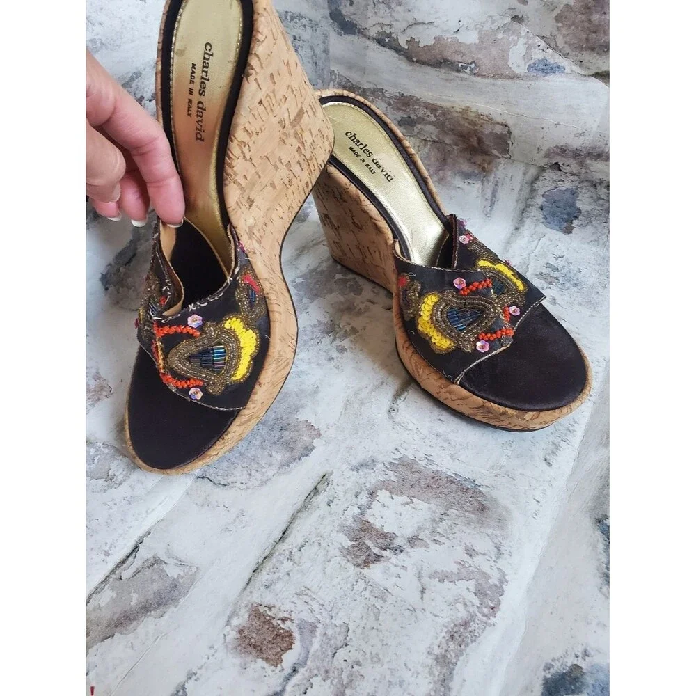 Charles David Women's Embellished Cork Wedge Sandals - Black & Gold, Size 8.5
